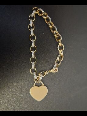 Blank Gold Heart Charm Pave Link Bracelet with Crystal Accents - Women Jewelry
